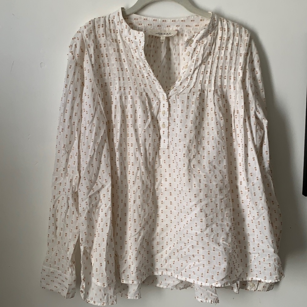 THE GREAT. White and Pink Patterned Blouse